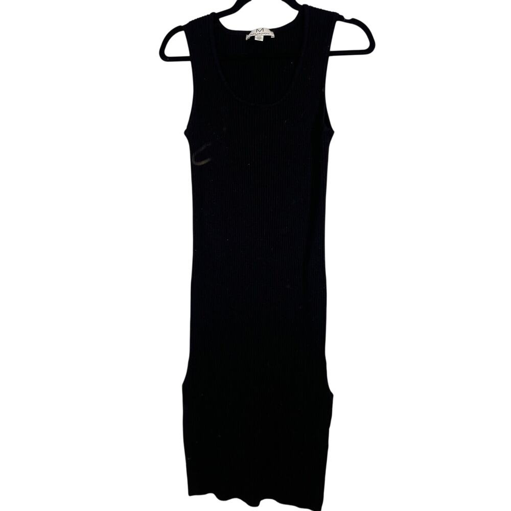 Magaschoni, Size Large, Black Rib Knit Bodycon Dress, Sleeveless, Side Slits